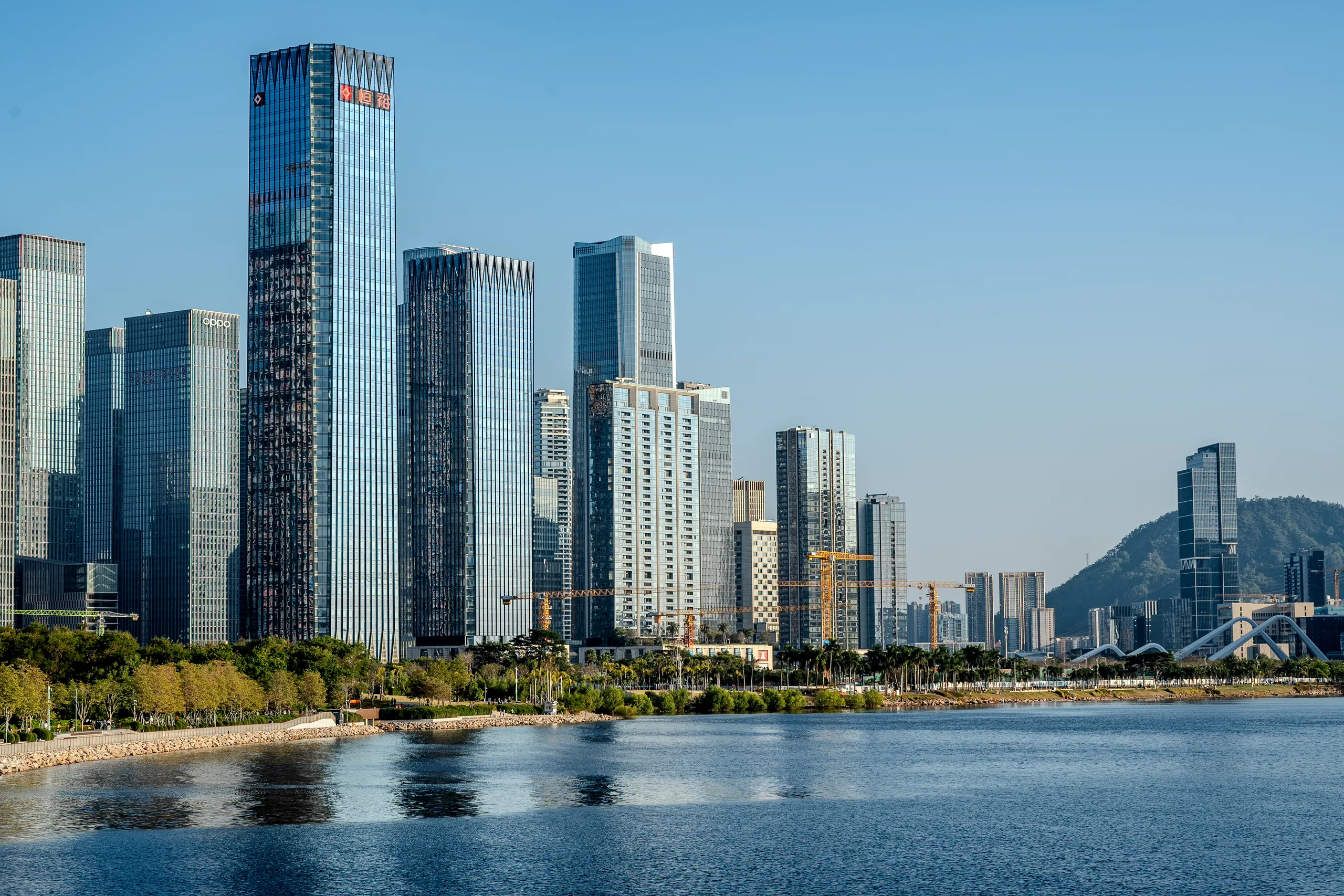 Dense cluster of futuristic skyscrapers with varied facades rising against bright daytime sky showcasing modern architectural diversity
